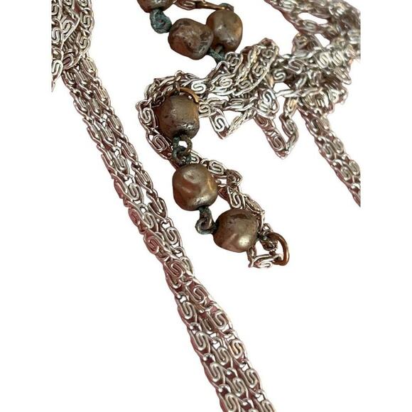 Vintage 55" Three Strand Beaded Necklace Silver Tone Chain Champagne Beads - Picture 11 of 13